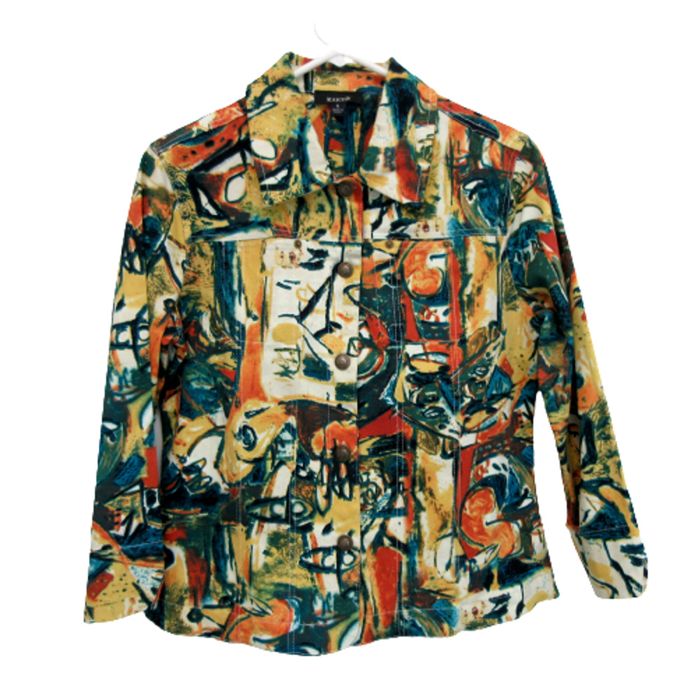 Kaktus Size Small Colorful Denim Jacket Lightweight Stretch Wearable Art